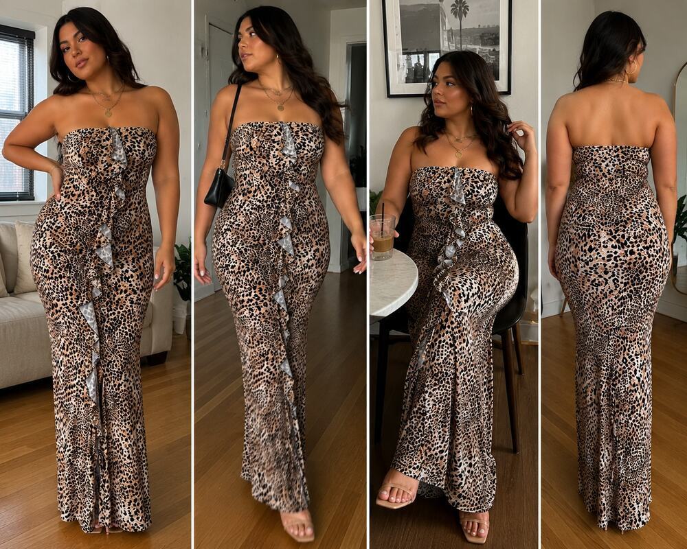 Cleo Leopard Print Strapless Ruffle Maxi Dress Women's S Animal Print Bodycon